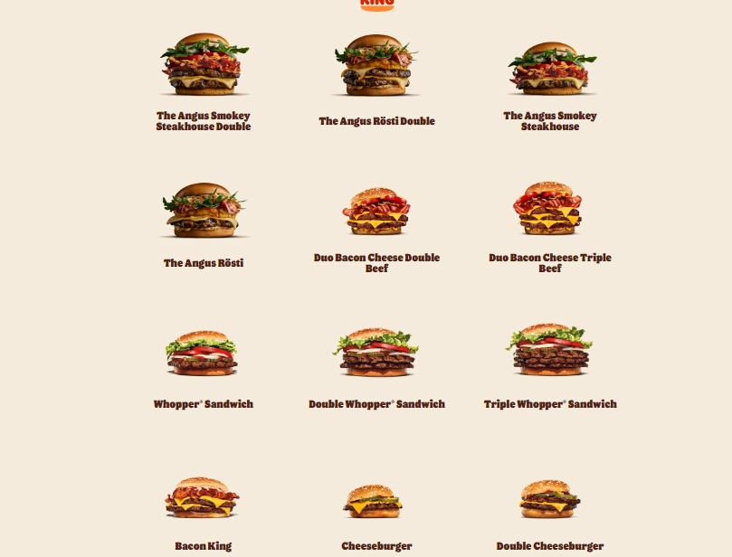 Burger kings Flame Grilled Burger Menu