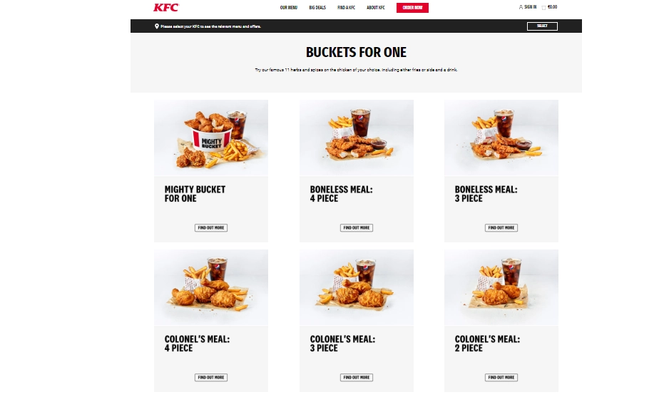 KFC Buckets For One Menu