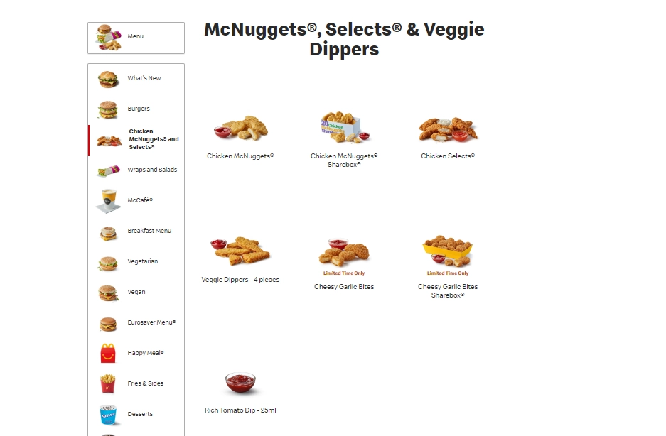 McDonald’s McNuggets, Selects & Veggie Dippers Menu