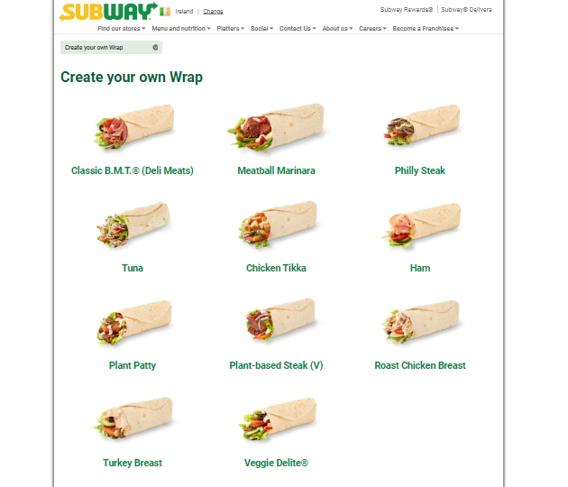 Subway Create Your Own Wrap Menu