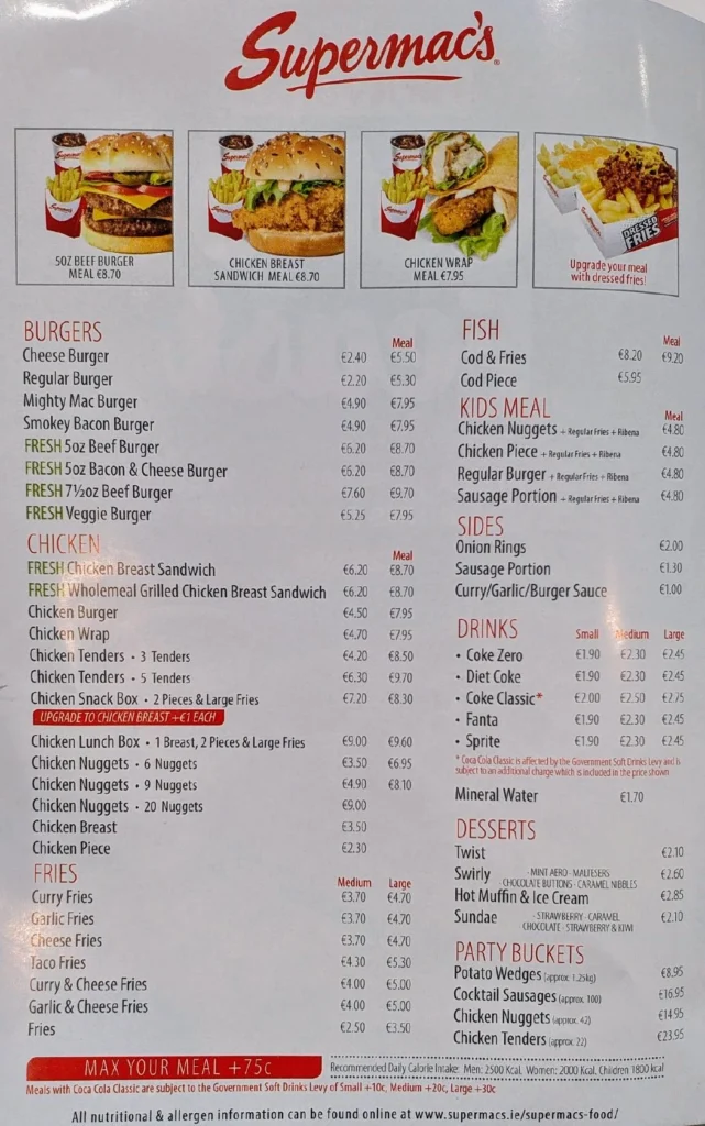 Supermac’s Menu Prices