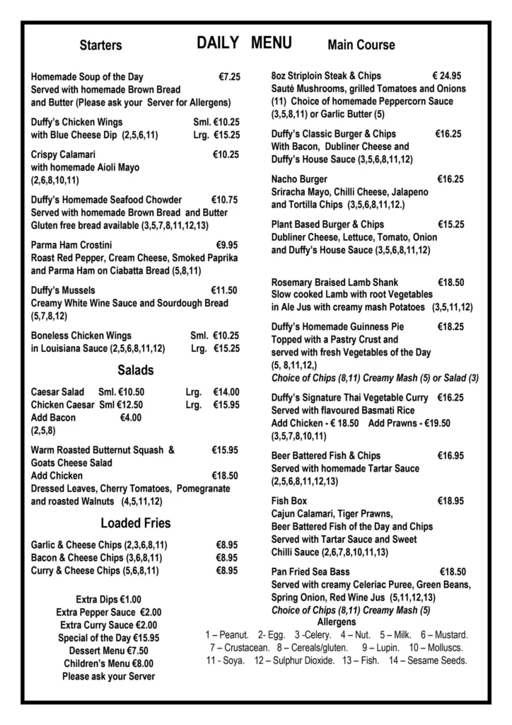 Duffy’s Daily Menu Prices